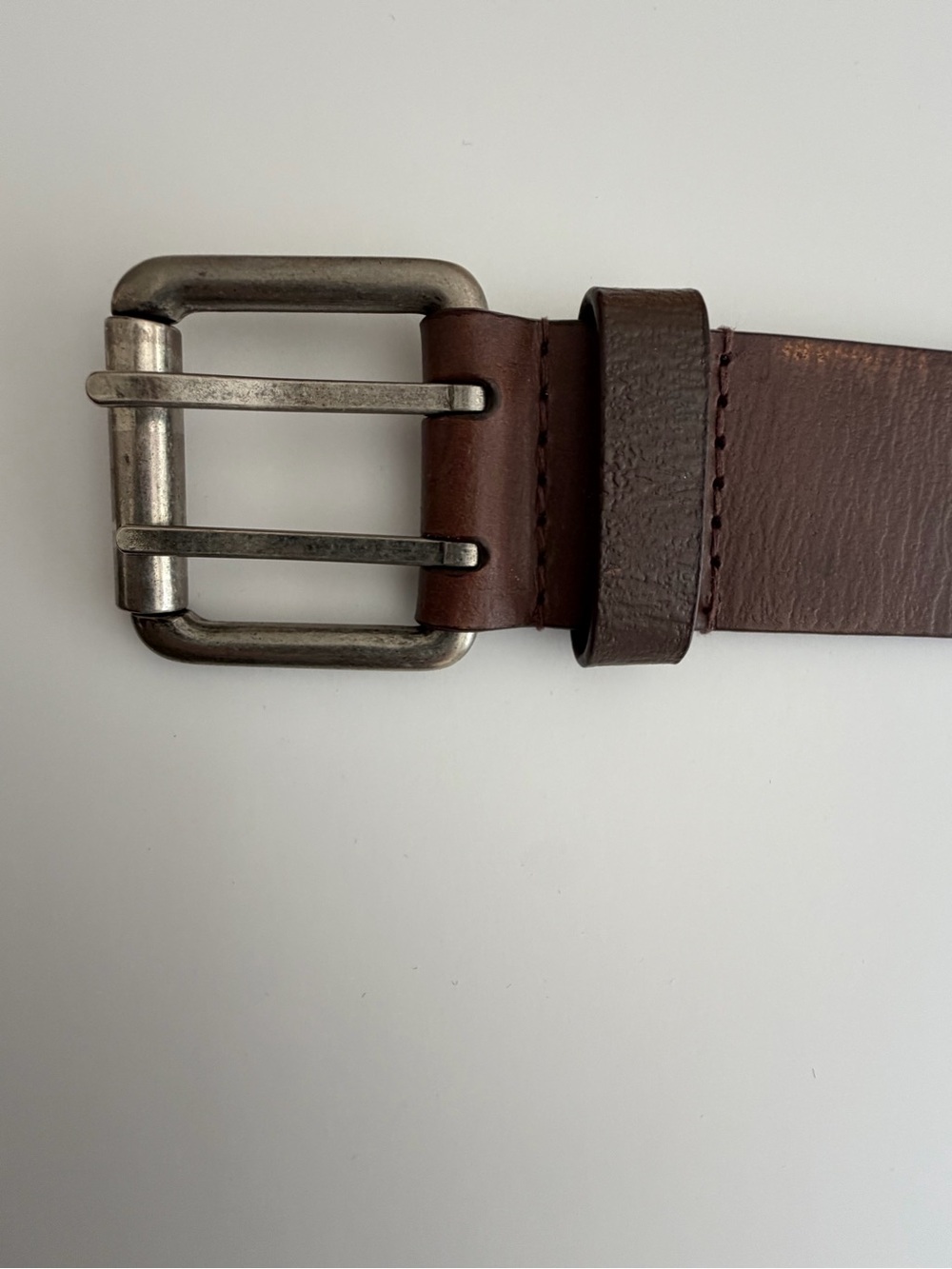 Brown Double Grommet Leather Belt Silver Double Prong Buckle Size M/L - Picture 2 of 5